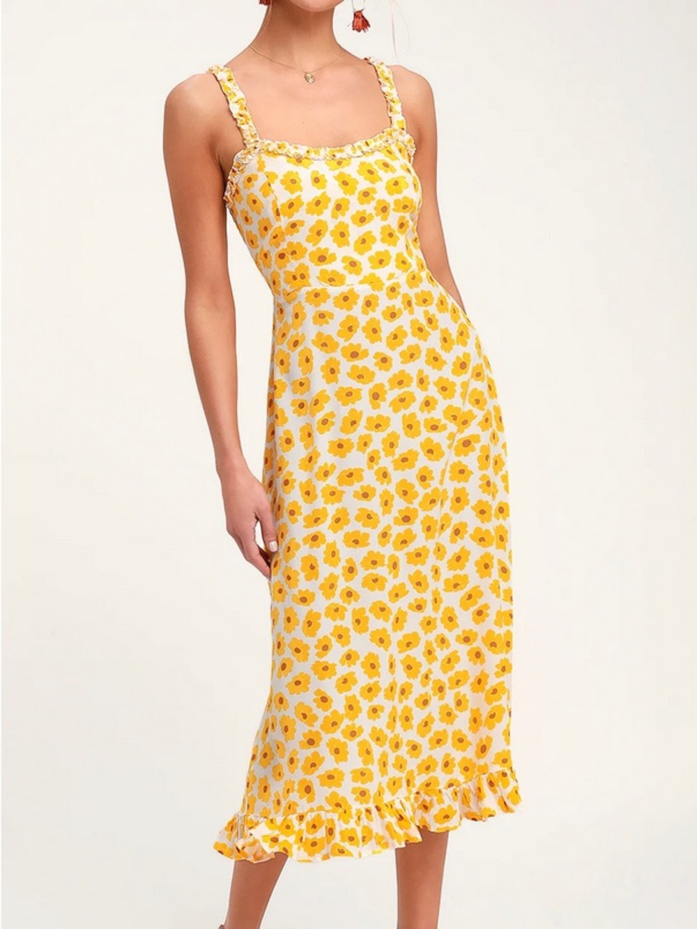 Faithfull the Brand Noemie Midi Dress in Yellow Floral Print (Size S/US 4)